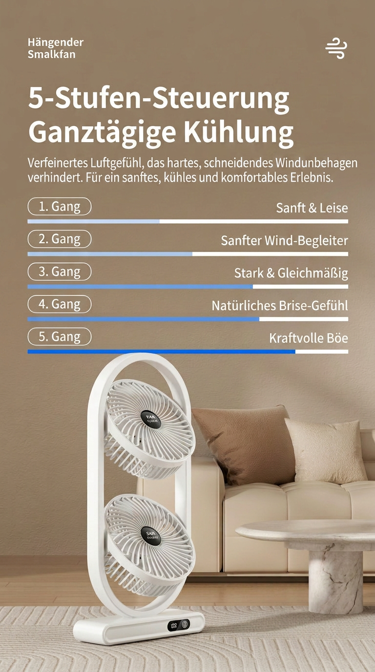 USB Dual-Kopf Schreibtischventilator mit Digitalanzeige, Wiederaufladbarer Vertikalventilator mit 5 Geschwindigkeitsstufen für Zuhause, Büro & Camping