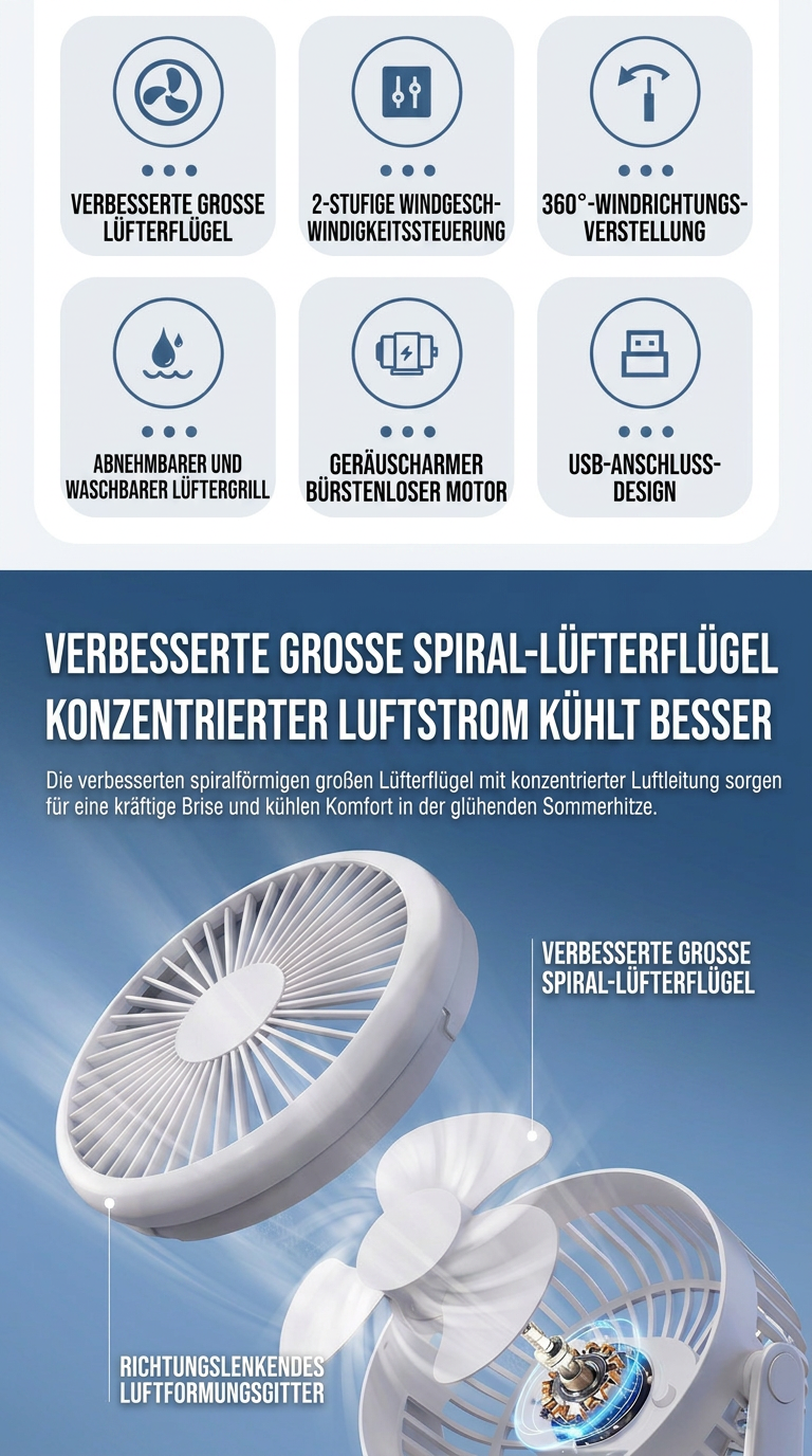 Deli USB Schreibtischventilator, Leiser Mini Tischventilator mit 360° Drehung, 2 Geschwindigkeitsstufen für Büro, Schlafzimmer, Studentenwohnheim & Schreibtisch