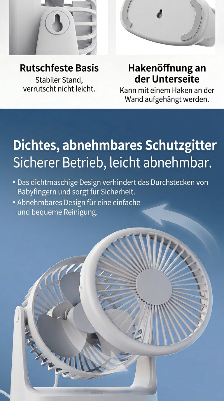 Deli USB Schreibtischventilator, Leiser Mini Tischventilator mit 360° Drehung, 2 Geschwindigkeitsstufen für Büro, Schlafzimmer, Studentenwohnheim & Schreibtisch