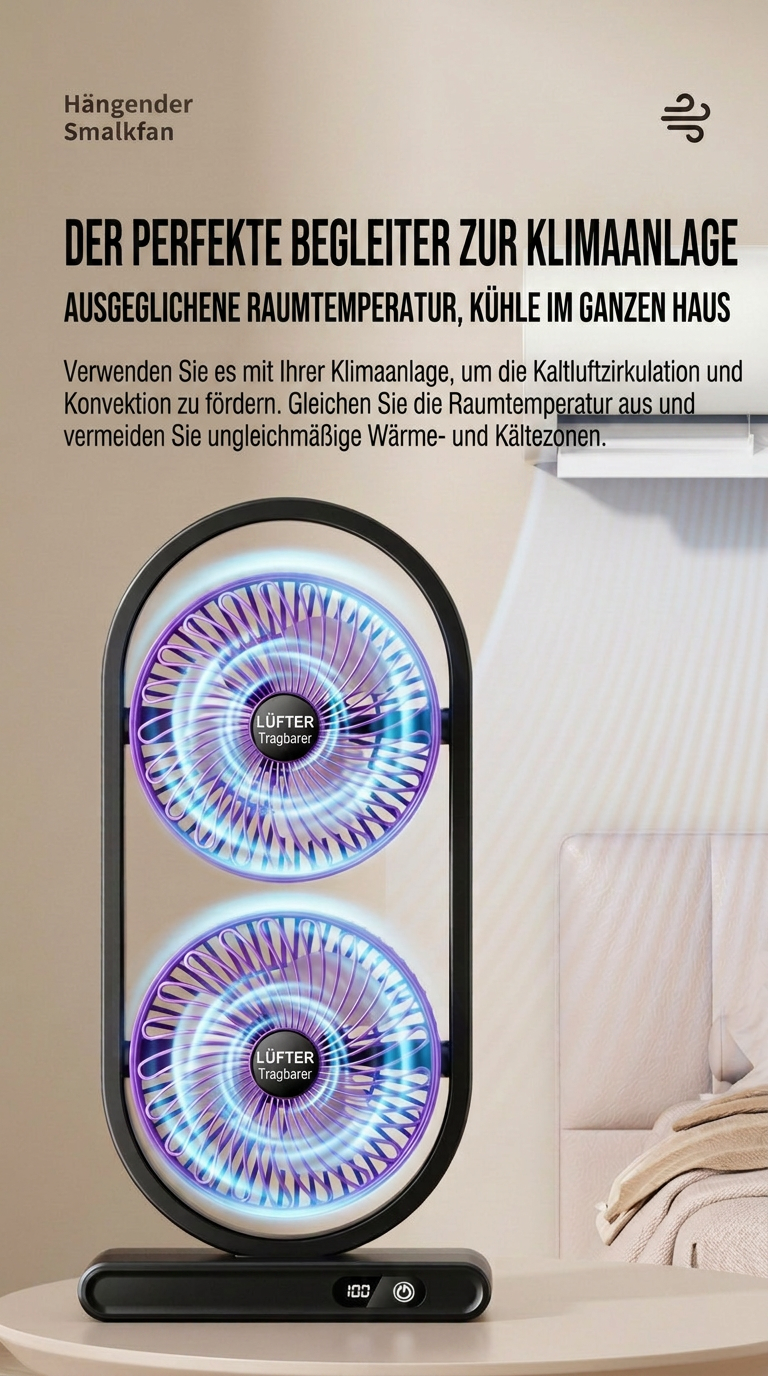 USB Dual-Kopf Schreibtischventilator mit Digitalanzeige, Wiederaufladbarer Vertikalventilator mit 5 Geschwindigkeitsstufen für Zuhause, Büro & Camping