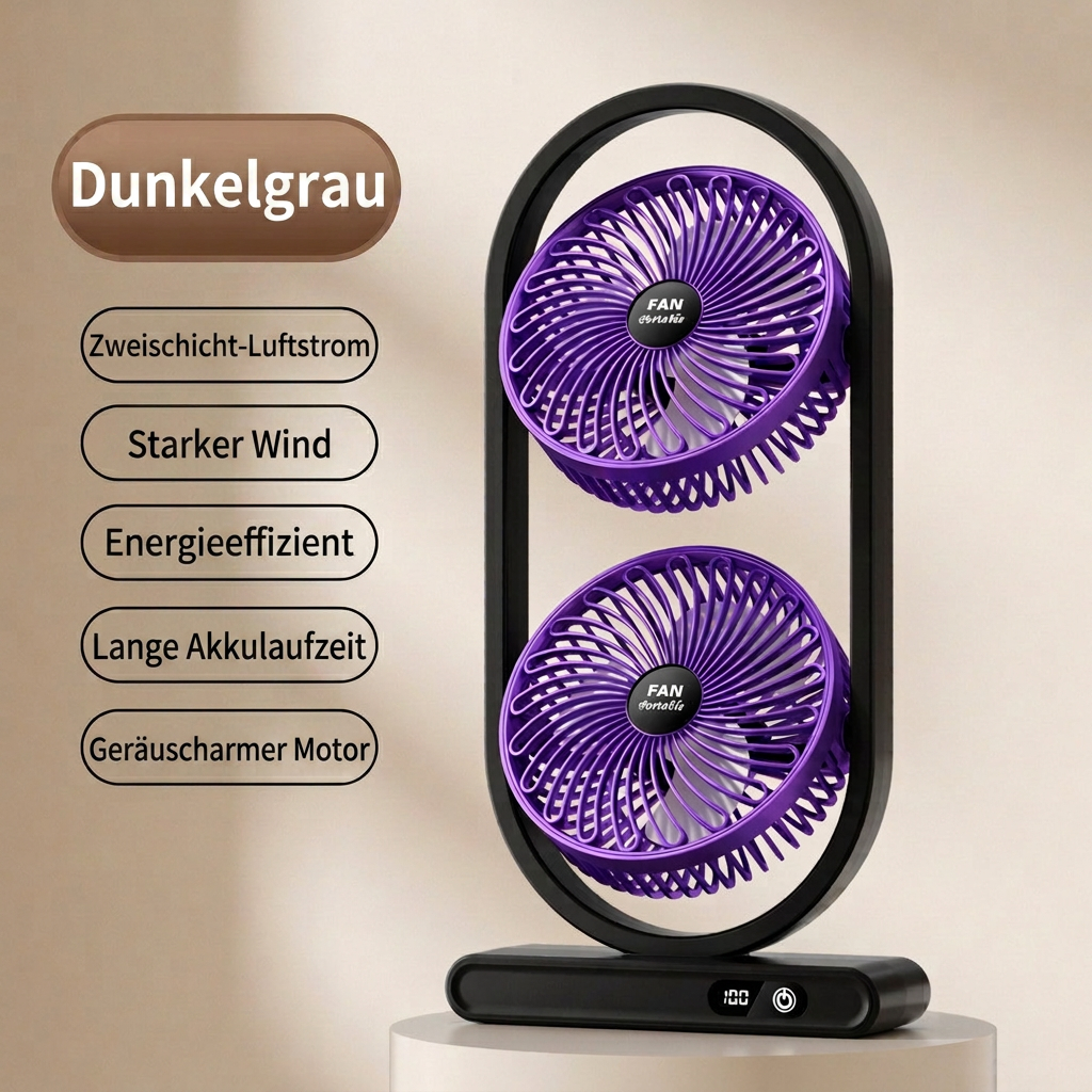 USB Dual-Kopf Schreibtischventilator mit Digitalanzeige, Wiederaufladbarer Vertikalventilator mit 5 Geschwindigkeitsstufen für Zuhause, Büro & Camping