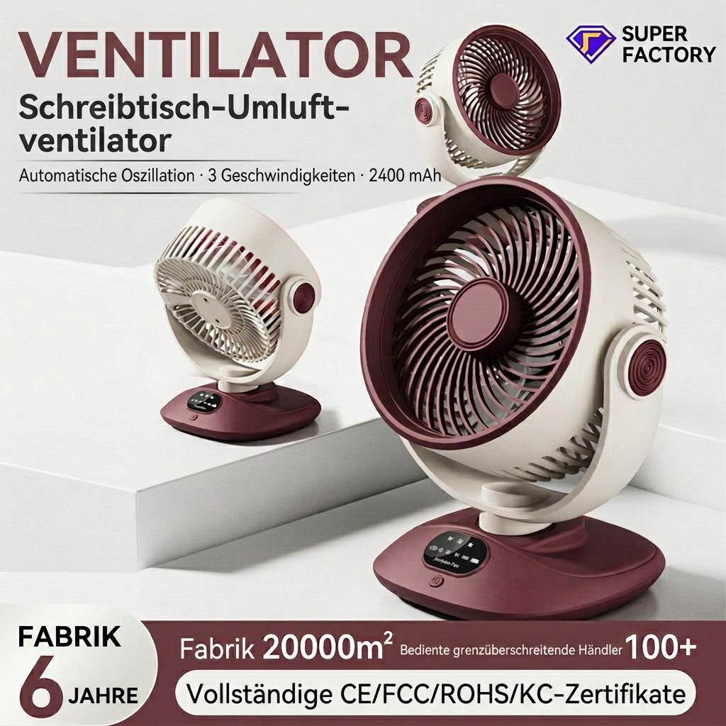 Ventilateur de bureau USB, ventilateur de table oscillant rechargeable avec 3 vitesses, ventilateur portable silencieux pour la maison, le bureau et la chambre à coucher