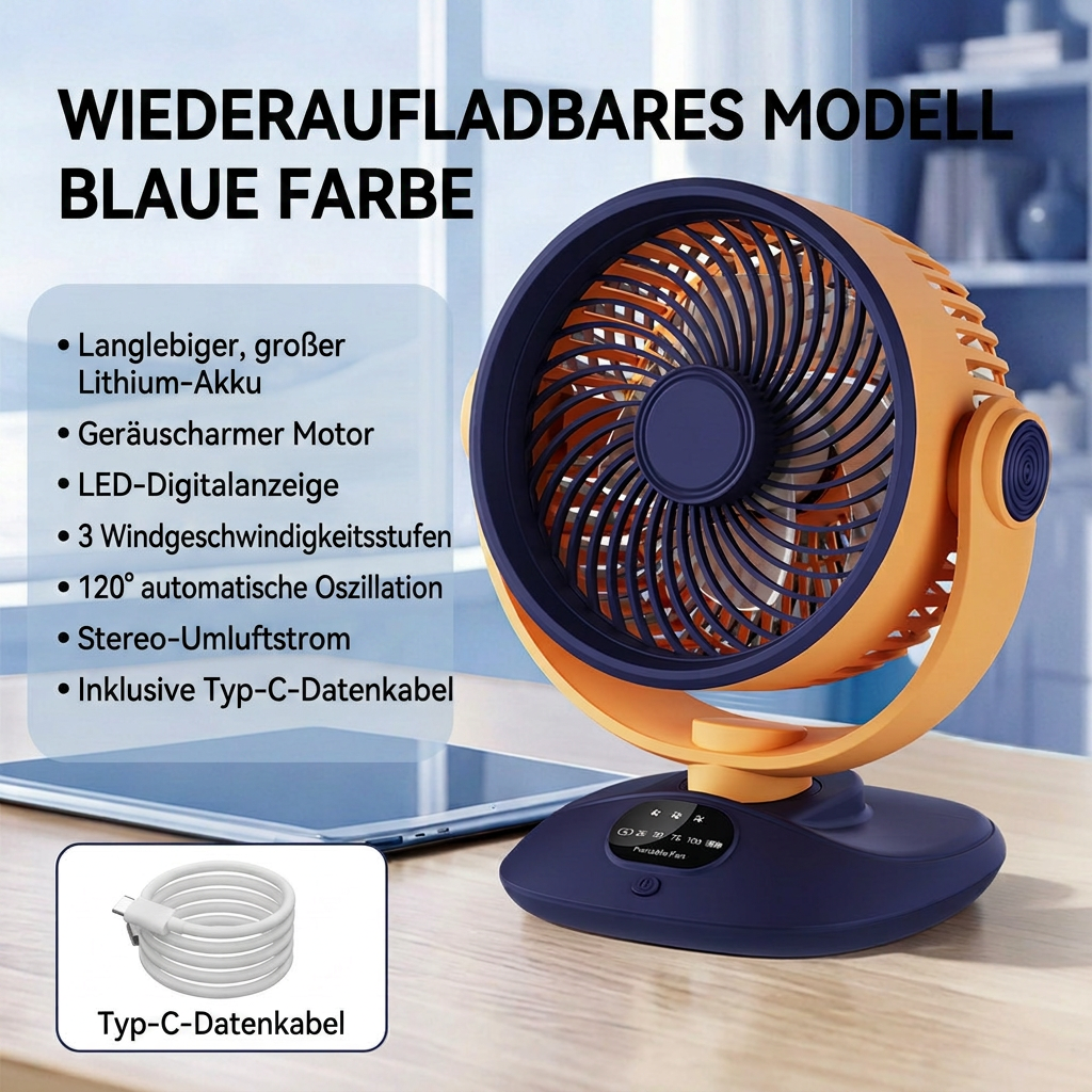 Ventilateur de bureau USB, ventilateur de table oscillant rechargeable avec 3 vitesses, ventilateur portable silencieux pour la maison, le bureau et la chambre à coucher