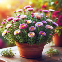 Aster blumen wachsend in töpfen